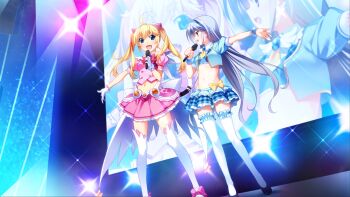 2girls absurdres ahoge blonde_hair blue_eyes blue_hair blue_skirt blush breasts fang female_focus flat_chest fluffy fluffy_clothes fluffy_collar frilled_skirt frills full_body fumio_(ura_fmo) game_cg gloves grisaia_(series) grisaia_no_kajitsu hair_ornament headband highres holding holding_microphone idol idol_clothes idol_mahou_shoujo_chiruchiru_michiru kazami_kazuki kneehighs layered_skirt loli long_hair magical_girl matsushima_michiru medium_breasts microphone midriff miniskirt multiple_girls music navel neckerchief official_art on_stage open_mouth outstretched_arm puffy_short_sleeves puffy_sleeves red_eyes red_neckerchief sexually_suggestive short_sleeves singing skirt small_breasts smile socks sparkle stomach thighhighs twintails watanabe_akio white_gloves white_thighhighs zettai_ryouiki