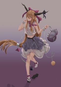 1girl bad_id bad_pixiv_id belt blush bow bow_legwear chain circle cube cuffs female_focus finger_to_mouth full_body gourd gradient_background hair_bow horn_ornament horn_ribbon horns ibuki_suika long_hair looking_at_viewer low-tied_long_hair matching_hair/eyes midriff oni orange_eyes orange_hair orb pyramid_(geometry) ribbon sandals shackles shirt skirt sleeveless sleeveless_shirt slit_pupils socks solo square tengyuan_pa_pa_zi touhou very_long_hair white_socks wrist_cuffs