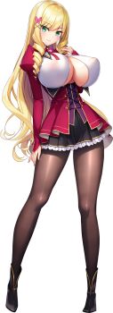 1girl absurdres arm_up black_pantyhose black_shoes black_skirt blonde_hair breasts brooch butterfly_hair_ornament cleavage cleavage_cutout clothing_cutout covered_erect_nipples derauea drill_hair drill_sidelocks full_body game_cg green_eyes hair_ornament hand_on_own_thigh heart heart-shaped_gem heart_brooch high_heels highres huge_breasts jewelry juliet_sleeves long_hair long_sidelocks long_sleeves looking_at_viewer motto!_haramase!_(series) motto!_haramase!_honoo_no_oppai_isekai_chou_ero_succubus_gakuen! nipples non-web_source official_art open_clothes open_shirt pantyhose pleated_skirt puffy_sleeves red_ribbon red_shirt ribbon rosalina_rafaelos school_uniform see-through_clothes see-through_shirt shirt shoes sidelocks skindentation skirt solo sprite standing tachi-e transparent_background underboob wavy_hair x_hair_ornament