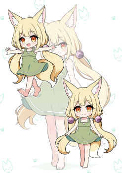 1girl animal_ear_fluff animal_ears barefoot blonde_hair character_request closed_mouth commentary_request commission copyright_request dress fox_ears fox_tail green_dress long_hair low_twintails multiple_views nekono_rin skeb_commission sleeveless sleeveless_dress smile tail twintails very_long_hair