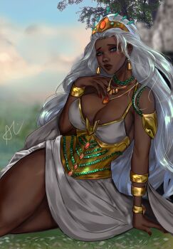 1girl absurdres arialla_draws arm_support bead_necklace beads blue_eyes blue_sky blurry blurry_background bracelet breasts cleavage commentary dark-skinned_female dark_skin dress english_commentary gem gold_bracelet gold_corset gold_tiara highres jewelry large_breasts long_hair looking_to_the_side marvel marvel_rivals necklace official_alternate_costume orange_gem outdoors queen red_nails side_slit sitting sky solo storm_(queen_of_wakanda)_(x-men) storm_(x-men) tiara tree white_dress white_hair x-men