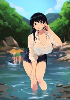 2girls arato_nagi artist_name black_hair black_skirt blonde_hair blue_bra blue_eyes blue_sky blurry blurry_background blush bra bra_visible_through_clothes breasts cloud commentary day highres large_breasts long_hair multicolored_hair multiple_girls nature open_mouth outdoors partially_submerged pink_hair river ruri_no_houseki see-through_clothes see-through_shirt shirt skirt sky solo_focus squeezable_(squeezabledraws) standing tanigawa_ruri two-tone_hair underwear wet wet_clothes wet_shirt white_shirt