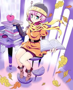 1girl apple blue_eyes blunt_bangs bob_cut book boots breasts brown_boots chrono_trigger coffee cup dress expressionless food fruit full_body glasses helmet holding holding_book leaf looking_at_viewer lucca_ashtear mai_iwaizumi medium_breasts open_book open_mouth orange_dress pink_hair scarf sitting solo stool table third-party_source yellow_scarf