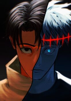 2boys absurdres black_hair black_shirt blue_eyes brown_eyes closed_mouth crain1art dark gojou_satoru gojou_satoru_(okkotsu_yuuta) hair_between_eyes highres jacket jujutsu_kaisen looking_at_viewer male_focus multiple_boys okkotsu_yuuta portrait serious shirt split_screen white_hair white_jacket