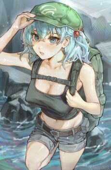 1girl absurdres amel_303 breasts cleavage hat highres kawashiro_nitori looking_at_viewer midriff navel shorts tagme touhou