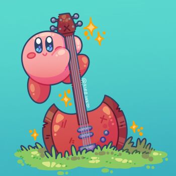 1boy adventure_time aimaay aqua_background artist_name blush_stickers closed_mouth gradient_background grass guitar highres holding holding_instrument instrument kirby kirby_(series) nintendo smile solo star_(symbol)