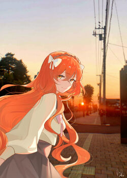 1girl absurdres asu_0602 bow brown_hairband closed_mouth grey_skirt hair_bow hairband highres ishmael_(project_moon) limbus_company long_sleeves orange_eyes orange_hair outdoors photo_background project_moon puffy_long_sleeves puffy_sleeves rope shirt skirt smile solo sunset wavy_hair white_bow white_shirt