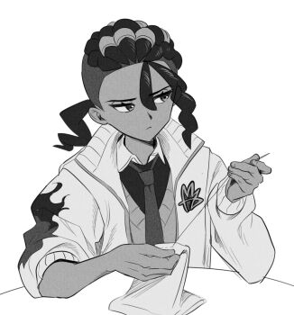1boy closed_mouth collared_shirt commentary_request elosia eyelashes greyscale highres jacket looking_to_the_side male_focus monochrome naveen_(pokemon) necktie needle nintendo open_clothes open_jacket pokemon pokemon_legends:_z-a sewing sewing_needle shirt solo table thread undercut upper_body vest