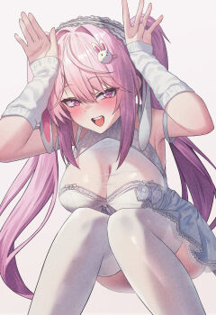 1girl absurdres alice_(marchen_dream)_(nikke) alice_(nikke) animal_ears arm_warmers ars_rg0412 breasts cleavage detached_sleeves dress goddess_of_victory:_nikke hair_ornament hairband hairclip hands_up highres large_breasts leaning_forward long_hair looking_at_viewer official_alternate_costume open_mouth pink_eyes pink_hair rabbit_ears rabbit_hair_ornament rabbit_pose short_dress simple_background smile teeth thighhighs thighs twintails upper_teeth_only white_arm_warmers white_background white_dress white_hairband white_thighhighs
