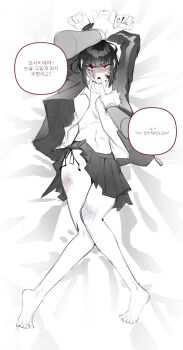 1boy 1girl arms_up black_hair blood blood_on_face breasts bruise bruise_on_face commentary_request dark-skinned_male dark_skin full_body furrowed_brow gloves greyscale hai000_0 highres holding_another&#039;s_wrists injury korean_commentary korean_text limbus_company long_sleeves looking_at_viewer lying monochrome on_back on_bed open_clothes partially_colored pleated_skirt pov pov_hands project_moon red_eyes ryoshu_(project_moon) scar scar_on_stomach short_hair skirt small_breasts speech_bubble tongue tongue_out translation_request
