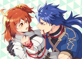 Rule 34 | 0nodera, 1boy, 1girl, ahoge, black gloves, black shirt, blue hair, blue shirt, command spell, commentary request, cu chulainn (fate), cu chulainn (fate/prototype), earrings, fate/grand order, fate (series), fujimaru ritsuka (female), gloves, hair between eyes, hetero, jewelry, leash, leash in mouth, long sleeves, looking at another, one side up, orange eyes, orange hair, ponytail, red eyes, ribbed shirt, shirt, white shirt