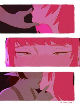 2girls 3koma absurdres adventure_time bare_shoulders black_hair blush close-up collarbone colored_skin comic couple finger_to_another's_mouth fingernails grey_skin half-closed_eyes head_out_of_frame highres kiss lips long_hair looking_at_viewer marceline_abadeer multiple_girls neck open_mouth out_of_frame pink_eyes pink_hair pink_skin pointy_ears princess_bonnibel_bubblegum sharp_fingernails simple_background steemyart straight_hair tank_top teeth twitter_username upper_teeth_only vampire white_background yuri