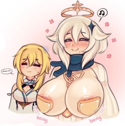 Rule 34 | ..., 2girls, :&gt;, :3, aged up, areola slip, blonde hair, bouncing breasts, breast envy, breasts, breasts out, closed eyes, dress, eyebrows hidden by hair, genshin impact, hair ornament, halo, happy, height difference, highres, huge breasts, jewelry, large areolae, lumine (genshin impact), medium breasts, mole, mole under mouth, multiple girls, musical note, nipple penetration, object insertion, paimon (genshin impact), raikissu, scarf, short hair, smile, speech bubble, sweatdrop, sweater, sweater dress, white background, white hair