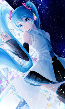 1girl absurdres aqua_eyes aqua_hair aqua_nails aqua_necktie black_skirt breasts commentary detached_sleeves english_commentary hair_between_eyes hair_ornament hatsune_miku hatsune_miku_(heartbeat) hatsune_miku_happy_16th_birthday_-dear_creators- headset hibikase_(vocaloid) highres long_sleeves looking_at_viewer lying medium_breasts miku_miku_ni_shite_ageru_(vocaloid) miniskirt necktie nnn02531 odds_&amp;_ends_(vocaloid) official_alternate_costume on_back open_mouth pleated_skirt romeo_to_cinderella_(vocaloid) senbonzakura_(vocaloid) shirt skirt sleeveless sleeveless_shirt solo song_request songover tell_your_world_(vocaloid) time_machine_(vocaloid) vampire_(vocaloid) vocaloid white_shirt wide_sleeves world_is_mine_(vocaloid)