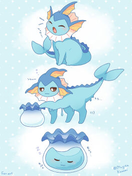 Rule 34 | :3, animal focus, blue fur, bowl, cetacean tail, closed eyes, closed mouth, fins, fish tail, forked tail, gen 1 pokemon, head fins, highres, mugita konomi, nintendo, no humans, open mouth, pokemon, pokemon (creature), pokemon focus, sleepy, smile, tail, vaporeon, water, yawning