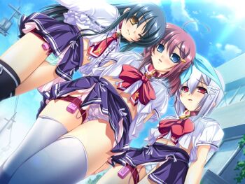 3girls ahoge aqua_panties black_hair black_thighhighs blue_eyes blue_hair blush bow brown_hair clothes_lift collar day discreet_vibrator dutch_angle everyone from_below game_cg goshujin-sama_daisuki goshujinsama_daisuki goshujinsama_da~isuki hair_ornament hairclip kuu_spitfire lock long_hair midriff multiple_girls murakumo_sakura necktie outdoors padlock padlocked_collar panties pink_eyes public_indecency public_vibrator purple_hair purple_panties red_eyes school_uniform score sex_toy shishiouin-hime shishiouin_hime short_hair skirt skirt_lift sky slave thigh_strap thighhighs underwear upskirt vibrator white_hair white_panties white_thighhighs wince yatsuha_kanan yellow_eyes