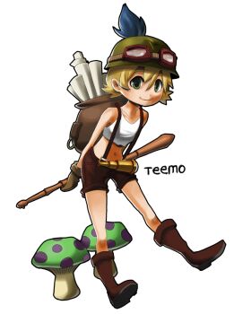 1girl bare_shoulders blonde_hair boots female_focus full_body genderswap genderswap_(mtf) goggles green_eyes hat league_of_legends midriff mushroom navel pikaboots short_hair shorts smile solo suspenders tank_top teemo transparent_background
