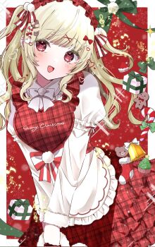Rule 34 | 1girl, :d, apron, bell, blonde hair, blush, border, bow, box, candy, candy cane, candy cane hair ornament, chibana sora, christmas, christmas ornaments, christmas present, collared dress, commentary, dress, english commentary, facing viewer, food, food-themed hair ornament, frilled apron, frilled dress, frills, fur-trimmed sleeves, fur trim, gift, gift box, gingerbread man, hair bow, hair ornament, heart, heart-shaped pupils, heart print, highres, holding, jingle bell, long dress, long hair, long sleeves, looking at viewer, maid, maid apron, maid headdress, musical note, open mouth, original, plaid clothes, plaid dress, pom pom (clothes), pom pom hair ornament, red background, red bow, red dress, red eyes, red headdress, red ribbon, ribbon, sidelocks, smile, snowflake background, solo, symbol-shaped pupils, teddy bear hair ornament, twintails, white apron, white border, white ribbon, x hair ornament