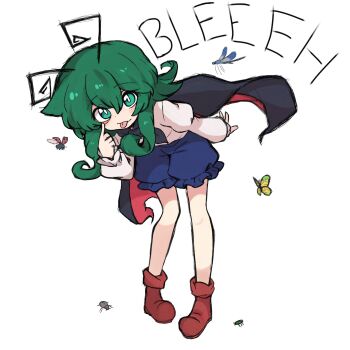 1girl :p akanbe alice_grimm alternate_hairstyle antennae bent_over black_cape black_neckerchief blue_shorts blush boots bug bug_request butterfly cape cockroach commentary english_commentary english_text eyelid_pull full_body green_eyes green_hair highres insect ladybug long_hair long_sleeves looking_at_viewer neckerchief red_boots red_cape shirt shorts solo standing tongue tongue_out touhou two-sided_cape two-sided_fabric white_background white_shirt wriggle_nightbug