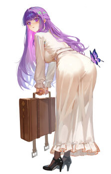 1girl absurdres black_pantyhose blunt_bangs breasts bug butterfly commentary_request dress fern_(sousou_no_frieren) full_body haaakashi high_heels highres insect large_breasts long_hair looking_at_viewer pantyhose purple_butterfly purple_eyes purple_hair simple_background solo sousou_no_frieren straight_hair suitcase white_background white_dress