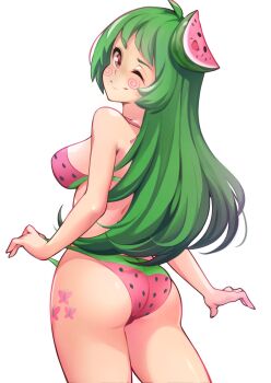 1girl ahoge ass back bikini bikini_bottom_only bikini_top_only breasts butterfly_tattoo cutie_mark food food-themed_hair_ornament food_print fruit fruit_print green_hair hair_ornament highres large_breasts lentiyay long_hair looking_at_viewer looking_back melon mini_melon_(vannamelon) one_eye_closed original pulling red_eyes shiny_skin smile spiral_cheeks swimsuit tattoo vanna_melon virtual_youtuber watermelon watermelon_hair_ornament watermelon_print watermelon_slice white_background