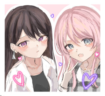 2girls bang_dream! bang_dream!_it&#039;s_mygo!!!!! black_hair black_shirt blush border chihaya_anon commentary earrings fang grey_eyes heart highres jacket jewelry latte_bf long_hair looking_at_viewer mole mole_under_eye multiple_girls necklace open_mouth pink_hair purple_eyes shiina_taki shirt single_earring skin_fang upper_body v white_border white_jacket white_shirt
