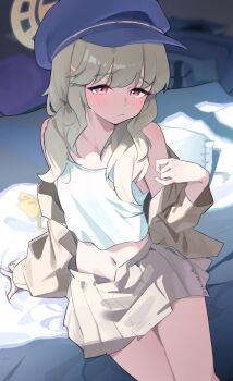 1girl absurdres aoba_(blue_archive) blonde_hair blue_archive blue_hat blush brown_shirt brown_skirt commentary cowboy_shot halo hat highres indoors long_hair looking_at_viewer low_twintails midriff miniskirt navel newsboy_cap on_bed open_clothes open_shirt open_skirt orange_halo partially_undressed red_eyes shiroyo_(shiromeahi) shirt shirt_partially_removed sitting skirt solo tank_top twintails white_tank_top