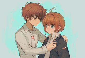 1boy 1girl absurdres antenna_hair black_jacket borrowed_clothes brown_eyes caosishao cardcaptor_sakura commentary_request green_eyes hand_on_another's_shoulder highres jacket kinomoto_sakura li_syaoran long_sleeves necktie parted_lips school_uniform short_hair white_necktie