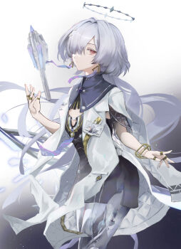 1girl closed_mouth commentary_request dress earrings hair_ornament hair_over_one_eye halo hand_up highres id_card jacket jewelry looking_at_viewer masai_no_senshi mornye_(wuthering_waves) purple_dress red_eyes see-through_body solo tacet_mark_(wuthering_waves) triangle_earrings white_jacket wuthering_waves