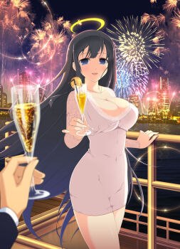 1girl aerial_fireworks alcohol black_hair blue_eyes breasts champagne champagne_flute city city_lights cleavage covered_navel cup dress drink drinking_glass drinking_straw fireworks food fruit halo highres holding holding_cup jewelry large_breasts long_hair looking_at_viewer necklace night official_art open_mouth orange_(fruit) orange_slice pov pov_dating pov_hands ryouki_(senran_kagura) senran_kagura senran_kagura_estival_versus senran_kagura_new_wave smile solo_focus traditional_halo very_long_hair