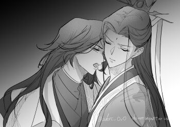 2boys adam&#039;s_apple bindi black_hair chinese_clothes closed_eyes closed_mouth commentary_request furrowed_brow gradient_background grey_background half-closed_eyes half_updo hanfu head_tilt heads_together high_collar highres imminent_bite long_hair looking_at_another luo_binghe male_focus monochrome multiple_boys open_mouth parted_bangs parted_hair portrait renzha_fanpai_zijiu_xitong ribboned_xiao_guan sakuramochi1003 shen_qingqiu straight_hair tongue twitter_username v-shaped_eyebrows wolf_cut yaoi