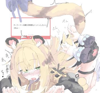 2girls absurdres all_fours animal_ear_fluff animal_ears arched_back beads belle_(delicate_sunlight)_(zenless_zone_zero) belle_(zenless_zone_zero) black_shorts blush bow bracelet commentary_request disembodied_hand drooling fangs green_eyes half-closed_eyes hands_on_another&#039;s_back high-waist_shorts highres jacket jewelry ju_fufu looking_to_the_side mocamocaink motion_lines multiple_girls official_alternate_costume open_mouth orange_fur shorts socks solo_focus sound_effects striped_fur striped_hair sweat tail tail_bow tail_ornament thigh_strap tiger_ears tiger_girl tiger_stripes tiger_tail tongue twitching white_background white_socks yellow_jacket zenless_zone_zero