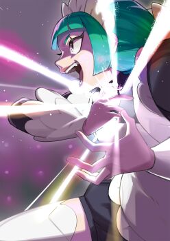 1girl apron black_romper blunt_bangs bow bowtie braid braided_ponytail green_hair highres juliet_sleeves lebanne_(pokemon) long_braid long_hair long_sleeves maid_apron maid_headdress mega_stone miritarichicken nintendo open_mouth pink_lips pokemon pokemon_legends:_z-a puffy_sleeves romper sanpaku smile solo teeth thighhighs tsurime white_bow white_bowtie white_thighhighs