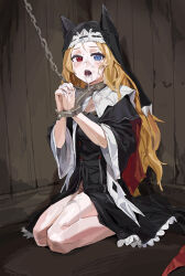 1girl a_tea absurdres archetto_(arknights) archetto_(glory_of_the_devout)_(arknights) arknights bdsm begging blue_eyes bondage bound breasts chain chain_leash chinese_commentary commentary_request cum cum_in_mouth cum_on_body cum_on_hair cum_on_legs dress facial frilled_dress frills full_body heterochromia highres kneeling leash loli long_hair looking_at_viewer nun orange_hair rape red_eyes restrained sitting slave small_breasts solo very_long_hair