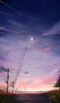 absurdres byousoku_5_centimeter cloud commentary contrail cowinsky english_commentary highres no_humans painttool_sai_(medium) path power_lines road scenery sky skyline star_(sky) sunset twilight utility_pole wide_shot