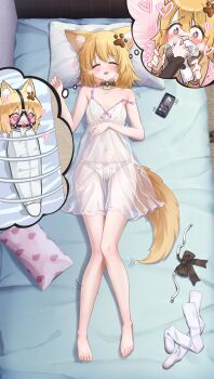 Rule 34 | 1girl, animal ear fluff, animal ears, artist request, ball gag, barefoot, bdsm, blonde hair, blush, bra, cellphone, collar, collarbone, commentary request, dreaming, drooling, full body, gag, gag harness, heart, heart-shaped pupils, highres, lingerie, lying, navel, on back, on bed, original, panties, paw hair ornament, phone, pillow, second-party source, see-through clothes, sleeping, sleepsack, smartphone, solo, symbol-shaped pupils, tail, underwear