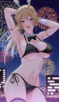 Rule 34 | 1girl, absurdres, aerial fireworks, animal ears, armlet, armpits, arms behind head, arms up, bikini, black bikini, black bow, black bowtie, blonde hair, blurry, blurry background, blush, bow, bowtie, breasts, building, commentary request, cowboy shot, detached collar, fake animal ears, fireworks, fishnet thighhighs, fishnets, hair between eyes, halterneck, highres, jewelry, large breasts, long hair, looking at viewer, lower teeth only, nakiri erina, navel, night, open mouth, outdoors, pink eyes, playboy bunny swimsuit, ponytail, rabbit ears, shokugeki no souma, side-tie bikini bottom, slope (check238), solo, standing, star (sky), stomach, string bikini, swimsuit, teeth, thighhighs, tongue, underboob, v-shaped eyebrows
