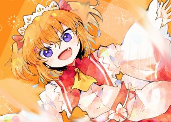 Rule 34 | 1girl, ascot, bow, commentary request, dress, fairy, fang, itomugi-kun, long sleeves, looking at viewer, open mouth, orange background, orange hair, purple eyes, red bow, solo, sunny milk, touhou, twintails, white dress, wide sleeves, wings, yellow ascot