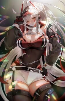 1girl absurdres belt black_belt black_gloves breasts chain cleavage closed_mouth facial_mark fushi_yohaku gloves hair_between_eyes highres leotard long_hair long_sleeves o-ring red_gloves see-through_clothes see-through_leotard shorts skull_ornament solo thigh_belt thigh_strap two-sided_gloves two-tone_gloves virtual_youtuber vshojo white_hair white_shorts yellow_eyes zentreya zentreya_(cyborg) zentreya_(cyborg)_(zen_2.0)