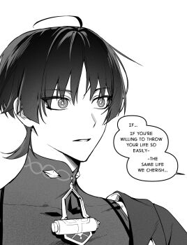 1boy ahoge blunt_ends bodysuit cape commentary covered_collarbone english_commentary english_text eyeliner genshin_impact greyscale highres jlypih looking_at_another makeup male_focus mandarin_collar monochrome oc_x_canon original parted_lips portrait red_eyeliner scaramouche_(genshin_impact) shoulder_peek solo speech_bubble tsurime wanderer_(genshin_impact) white_background wide-eyed wispy_bangs