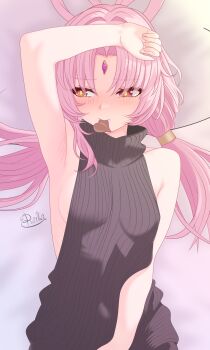 Rule 34 | 1girl, absurdres, alternate breast size (larger), alternate costume, armpits, artist name, black sweater, blush, breasts, candy, chinese hairstyle, chocolate, chocolate heart, commentary, dress, english commentary, food, forehead jewel, fu xuan (honkai: star rail), heart, heart-shaped food, highres, honkai: star rail, honkai (series), long hair, looking to the side, medium breasts, mouth hold, multicolored eyes, pink hair, reila nii, sideboob, solo, sweater, sweater dress, two-tone eyes, very long hair