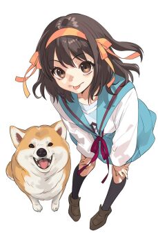 1girl :p black_socks blue_sailor_collar blue_skirt brown_eyes brown_hair brown_shoes closed_mouth dog full_body hair_ribbon hairband hands_on_own_knees highres ito_noizi kita_high_school_uniform kneehighs loafers long_sleeves looking_at_viewer ribbon sailor_collar school_uniform second-party_source serafuku shiba_inu shoes skirt smile socks solo standing suzumiya_haruhi suzumiya_haruhi_no_yuuutsu tongue tongue_out winter_uniform yellow_hairband yellow_ribbon