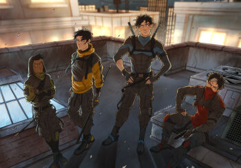 4boys batman_(series) belt black_hair blue_eyes brothers city commentary crossed_arms damian_wayne dark-skinned_male dark_skin dc_comics dick_grayson english_commentary fingerless_gloves fingernails full_body gloves green_eyes gun hands_on_own_hips highres holding holding_gun holding_staff holding_weapon hood hoodie inverted-typo jason_todd male_focus multicolored_hair multiple_boys pants rooftop siblings staff streaked_hair tim_drake weapon yellow_hoodie