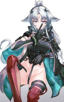 1girl absurdres arcane_(arknights) arknights arknights:_endfield arm_cutout black_gloves black_thighhighs breasts chinese_commentary chromatic_aberration clothing_cutout commentary_request curtained_hair diamond-shaped_pupils diamond_(shape) facial_mark finger_to_mouth forehead_mark gloves grey_hair groin highres hood hood_down knee_up long_hair long_sleeves looking_at_viewer medium_breasts mizuhashi_parusui parted_lips partial_commentary purple_eyes red_thighhighs shushing simple_background solo symbol-shaped_pupils thighhighs white_background