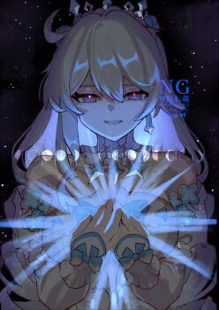 Rule 34 | 1girl, absurdres, ahoge, bare shoulders, blue eyes, breasts, commentary request, cross-section, detached sleeves, dress, highres, honkai (series), honkai impact 3rd, kiana kaslana, kiana kaslana (ba-dum! fiery wishing star), kiana kaslana (wintery wishes), large breasts, long hair, nzg 09, official alternate costume, sky, smile, solo, star (sky), starry sky, tiara, very long hair, white dress