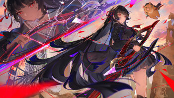 1girl artist_logo black_choker black_jacket black_serafuku black_shirt black_skirt chisa_(wuthering_waves) choker closed_mouth commentary_request hair_ribbon highres holding holding_sword holding_weapon jacket logo looking_at_viewer mole mole_under_eye multiple_views namipon_(wuthering_waves) neckerchief partial_commentary red_eyes red_neckerchief red_ribbon ribbon sailor_collar school_uniform serafuku shirt skirt sword weapon white_sailor_collar wuthering_waves yu_e_baba