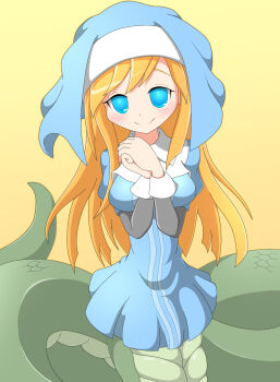 1girl amauchi blonde_hair blue_dress blue_eyes breasts commentary_request dress highres lamia large_breasts light_blush long_hair looking_at_viewer mon-musu_quest! monster_girl nun sister_lamia smile snake_tail solo tail yellow_background