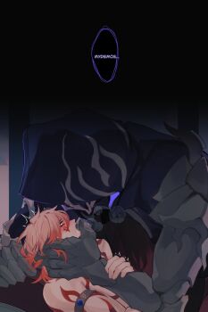 Rule 34 | 2boys, arm tattoo, armlet, blonde hair, blush, braid, chest tattoo, chinese commentary, commentary request, elims, facial tattoo, finger in another's mouth, flame reaver of the deepest dark, gradient hair, hand on another's wrist, highres, honkai: star rail, honkai (series), jewelry, male focus, medium hair, multicolored hair, multiple boys, mydei (honkai: star rail), phainon (honkai: star rail), red hair, red tattoo, saliva, side braid, size difference, tattoo, yaoi, yellow eyes