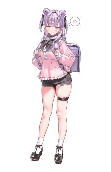 angry animal_ears backpack bag bear_ears belt black_bow black_bowtie blunt_bangs bow bowtie cardigan dress dress_shoes frills full_body highres jirai_kei kuma_4go long_hair open_cardigan open_clothes original pink_shirt purple_dress purple_eyes shirt shorts thigh_belt thigh_strap