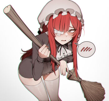 1girl alternate_costume averting_eyes blush bonnet broom enmaided gauze gauze_over_eye grey_eyes highres holding holding_broom leaning_forward limbus_company long_hair looking_to_the_side maid misg1111 open_mouth project_moon red_hair solo spoken_blush standing thighhighs white_background white_bonnet white_thighhighs yuri_(project_moon)